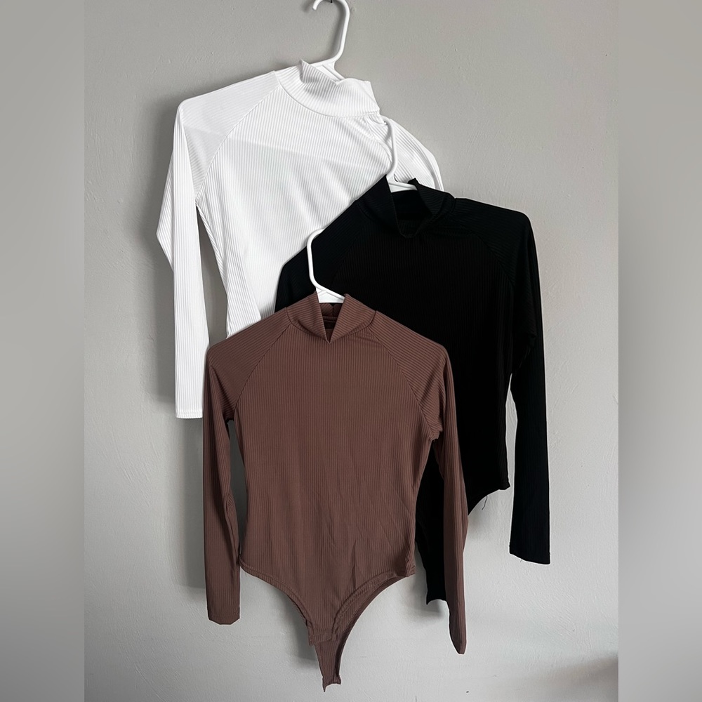 Set of three bodysuit short neck turtle necks. White, black, brown